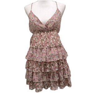 WET SEAL 90s Y2K Pink Floral Babydoll Ruffle Mini Dress Vtg Open Back Fairycore